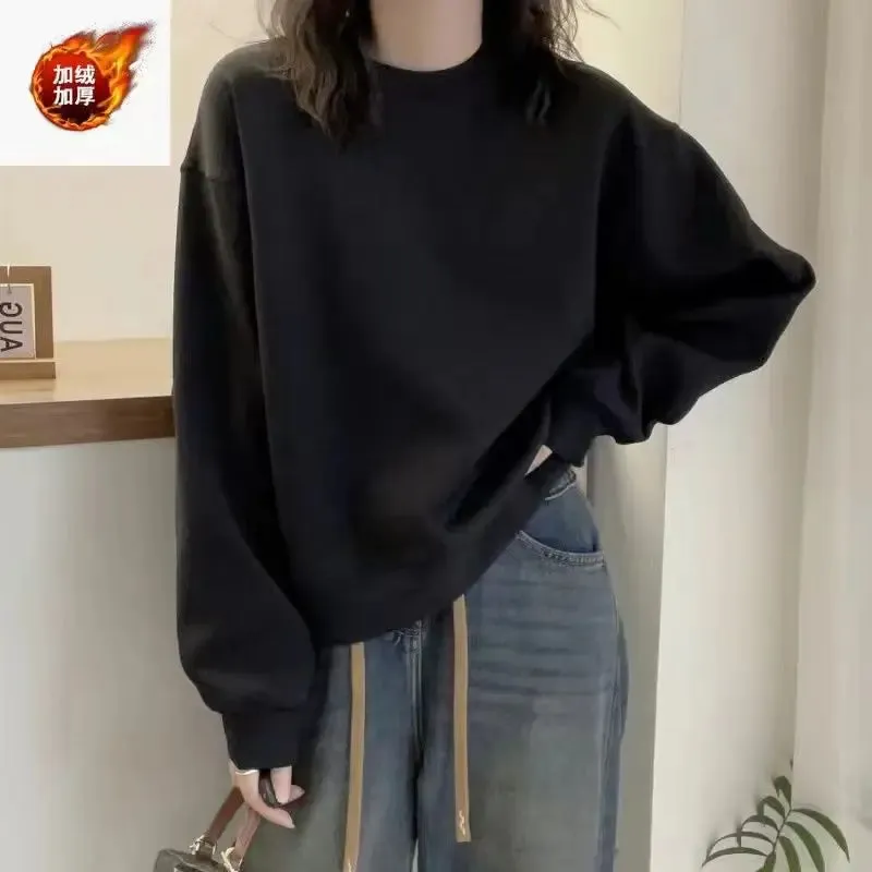 Autumn and Winter Women's Solid Cream Neck Long Sleeves Loose Pullover Hoodies Sports Korea Fashion Casual All-match Tops