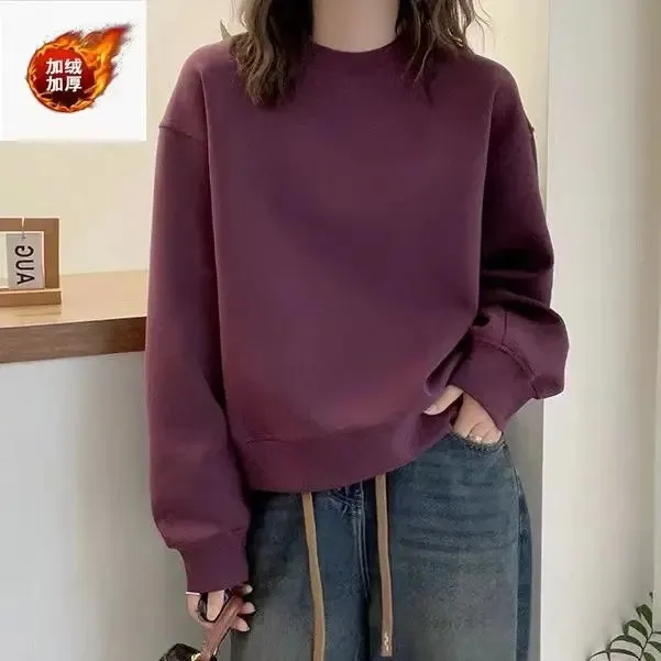 Autumn and Winter Women's Solid Cream Neck Long Sleeves Loose Pullover Hoodies Sports Korea Fashion Casual All-match Tops