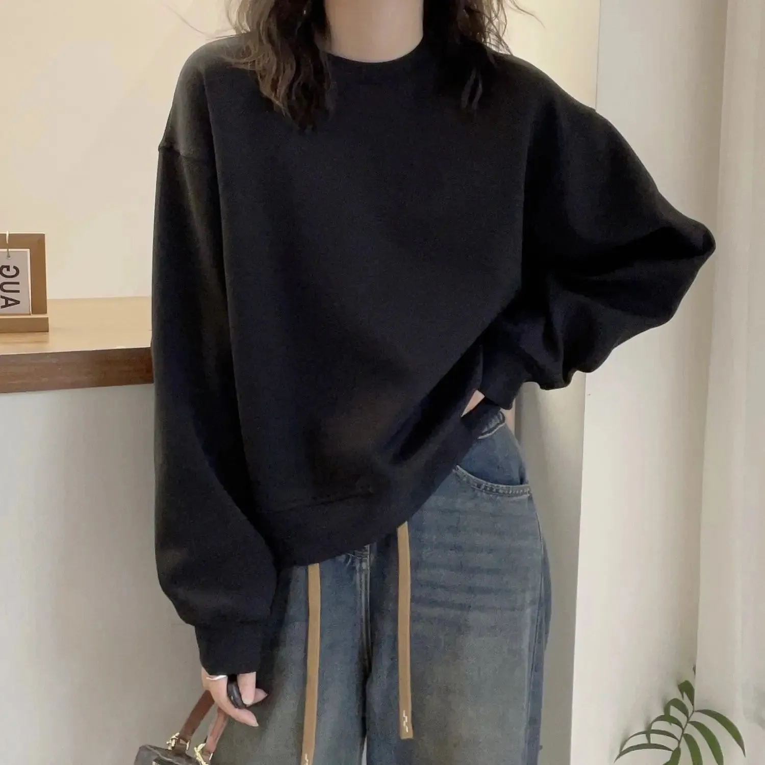 Autumn and Winter Women's Solid Cream Neck Long Sleeves Loose Pullover Hoodies Sports Korea Fashion Casual All-match Tops