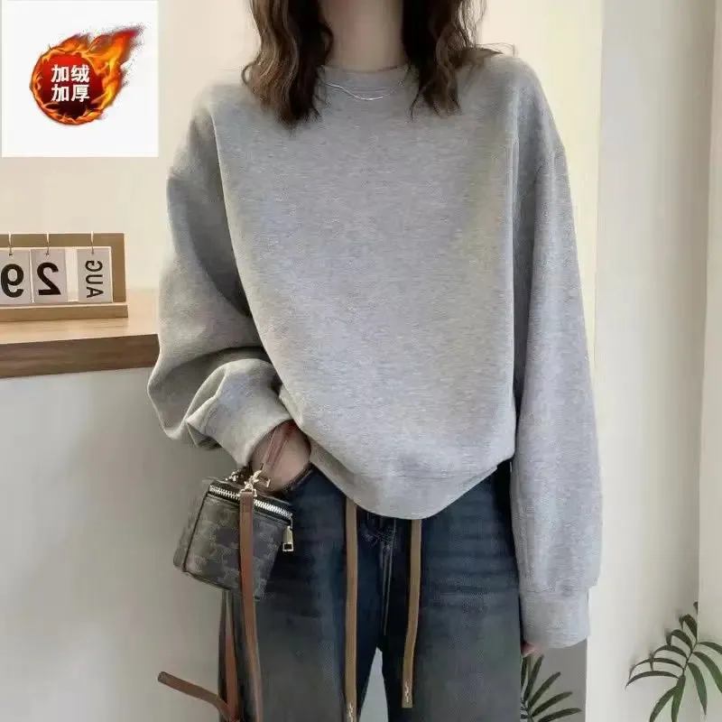 Autumn and Winter Women's Solid Cream Neck Long Sleeves Loose Pullover Hoodies Sports Korea Fashion Casual All-match Tops