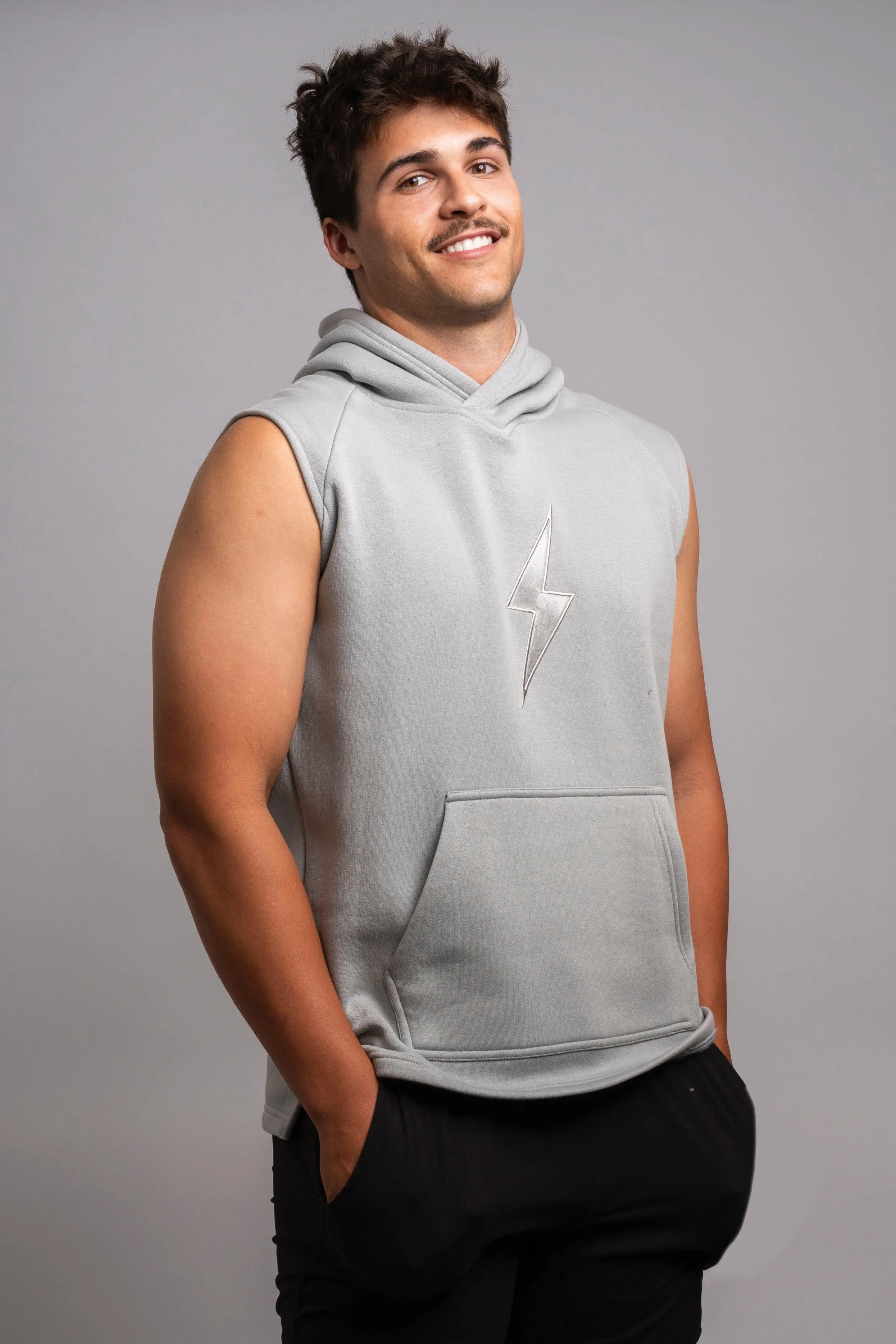 BRUCE BOLT "BOLT" Sleeveless Hoodie - GREY w/ Grey Bolt