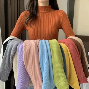 deanwangkt Autumn Basic Bottoming Sweater Top Women Ribbed Soft Mock Neck Elastic Pullover Warm Solid Color Slim Jumper
