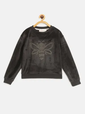 Girls Black Velour Studded Dragonfly Sweatshirt