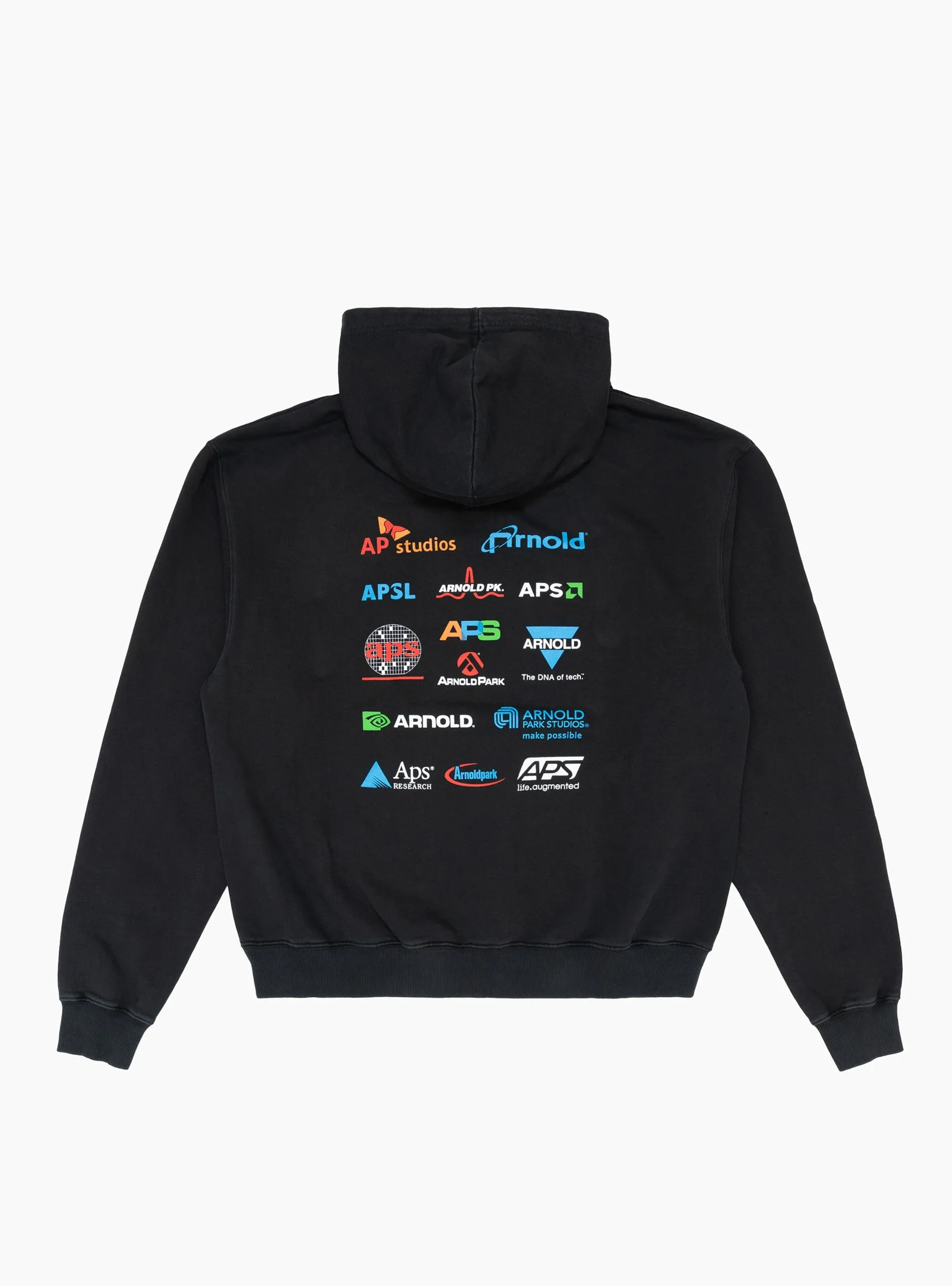 Unisex Faded Black Multi-Logo Hoodie - Trendy Semiconductor Design