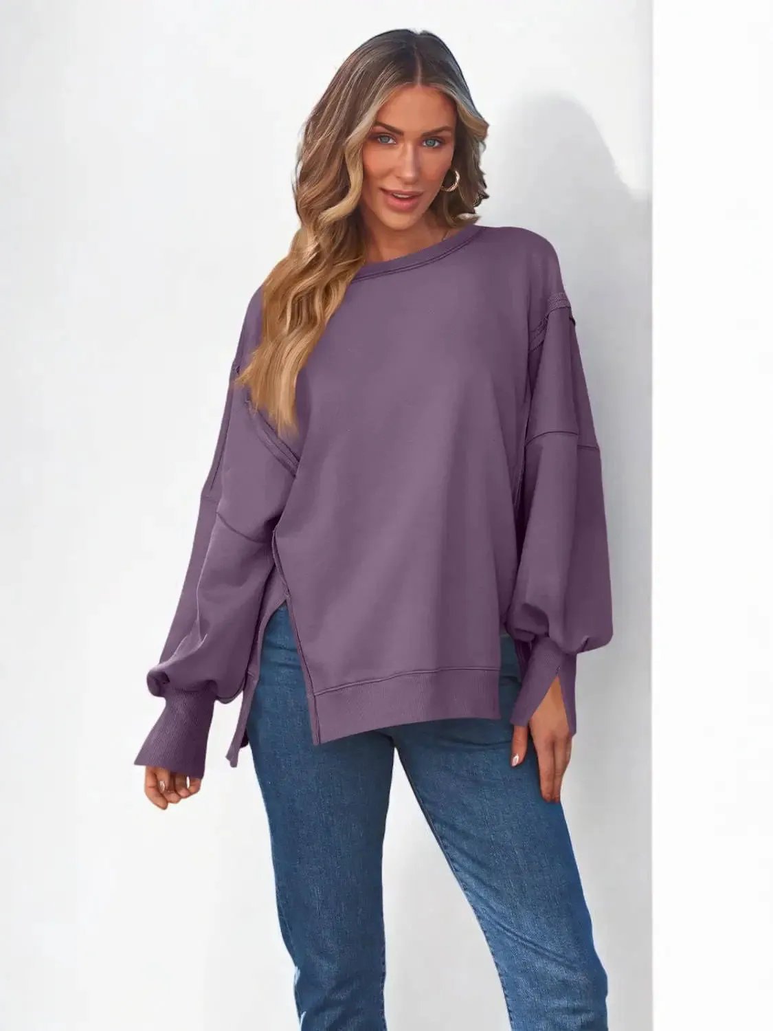 Slit Round Neck Long Sleeve Sweatshirt