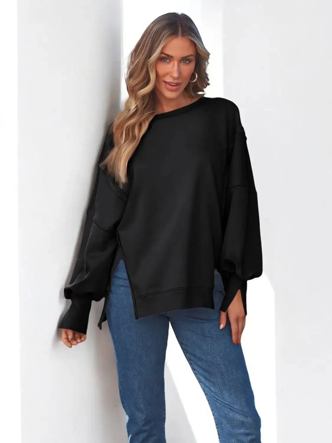 Slit Round Neck Long Sleeve Sweatshirt