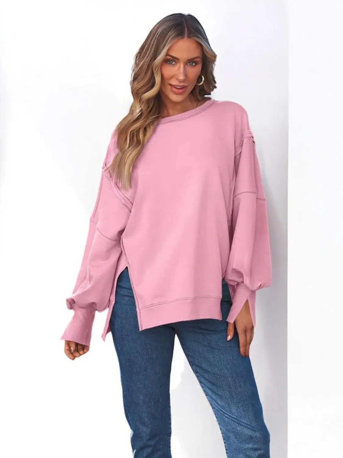 Slit Round Neck Long Sleeve Sweatshirt
