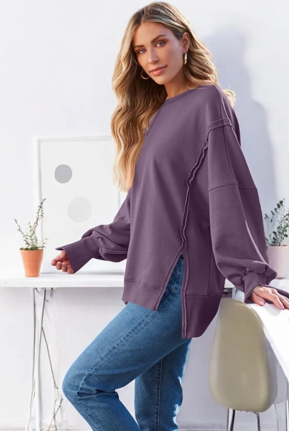 Slit Round Neck Long Sleeve Sweatshirt