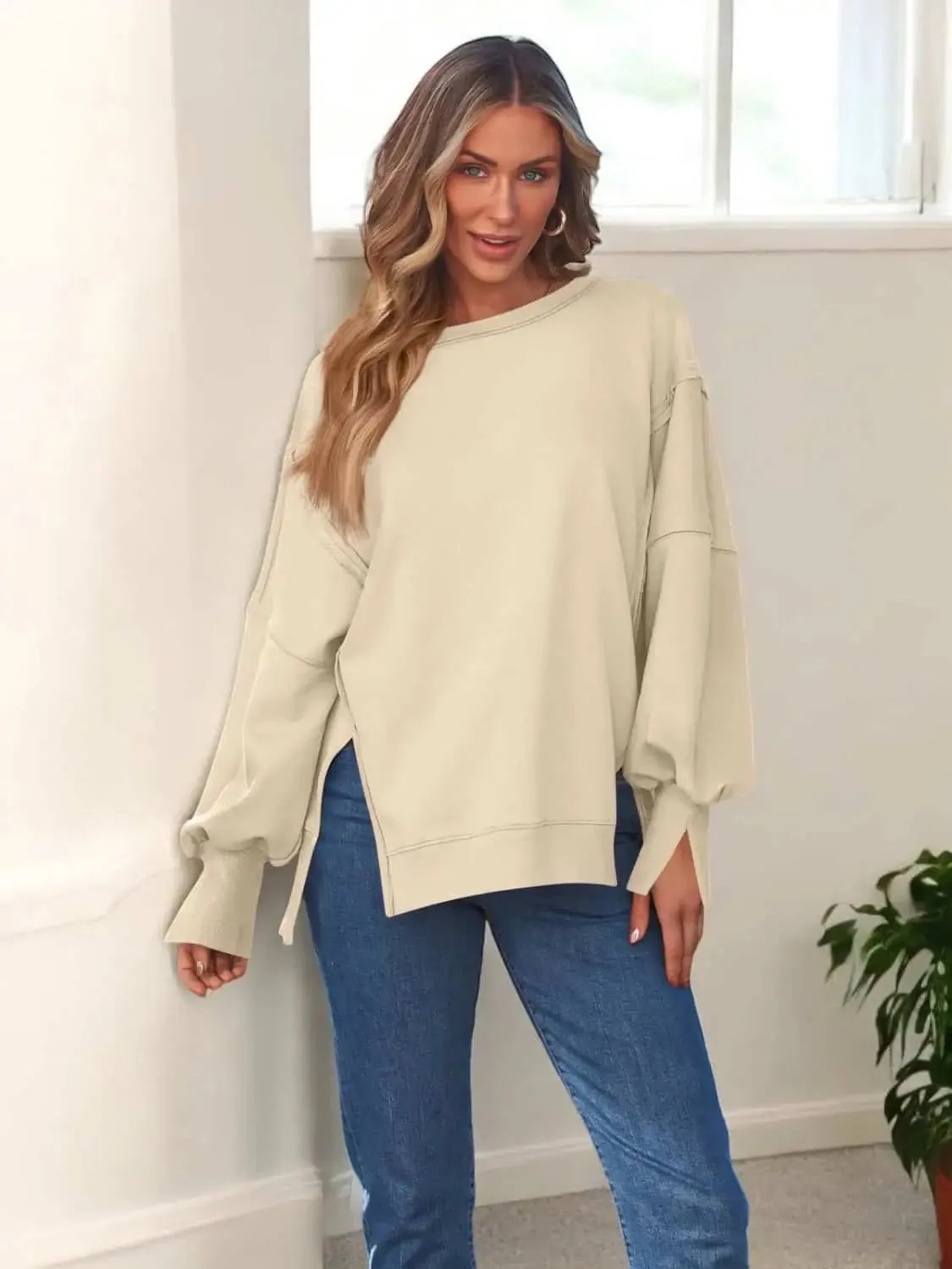 Slit Round Neck Long Sleeve Sweatshirt