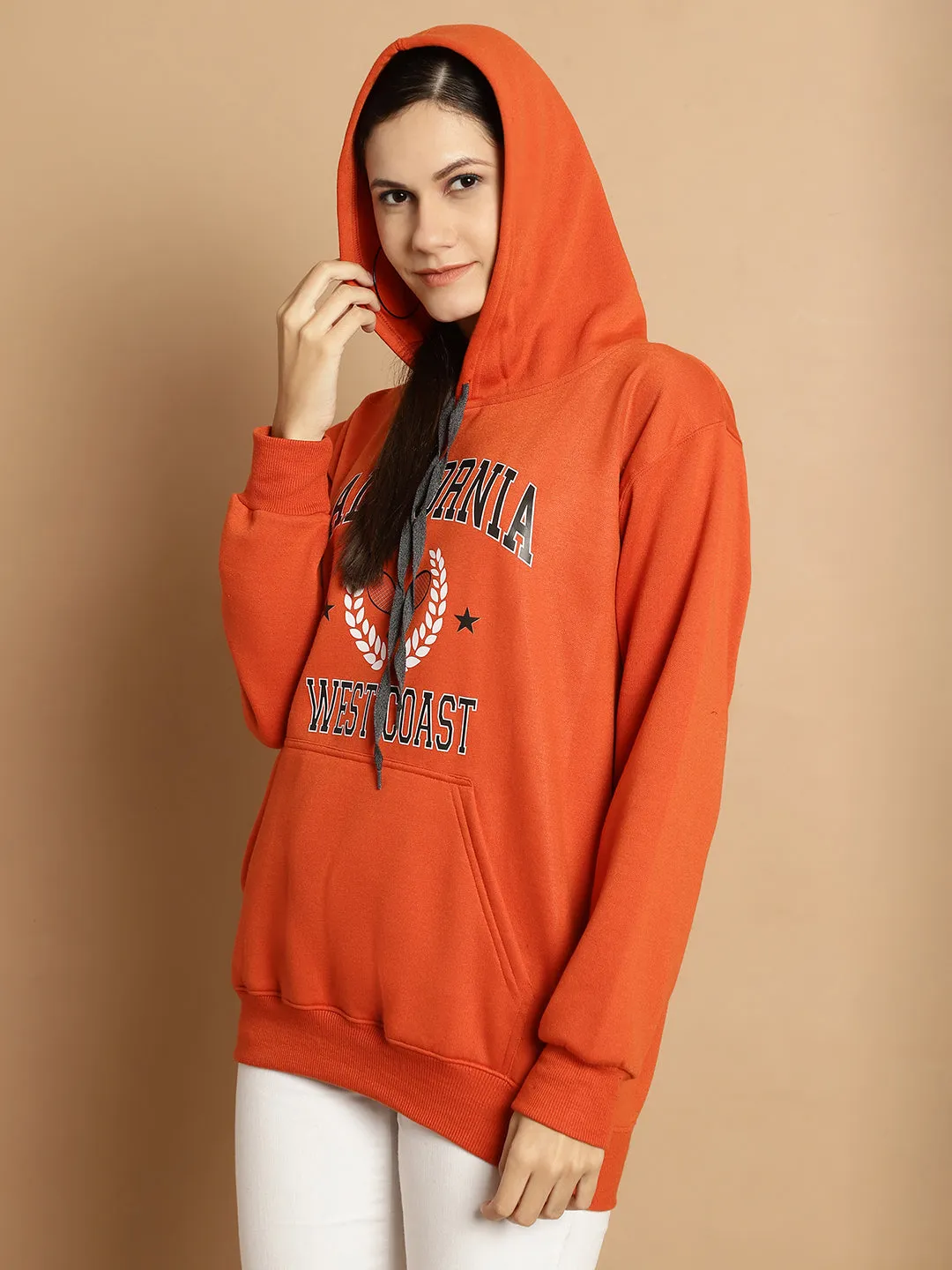 Vimal Jonney Rust Printed Hooded Cotton Fleece Sweatshirt for Women