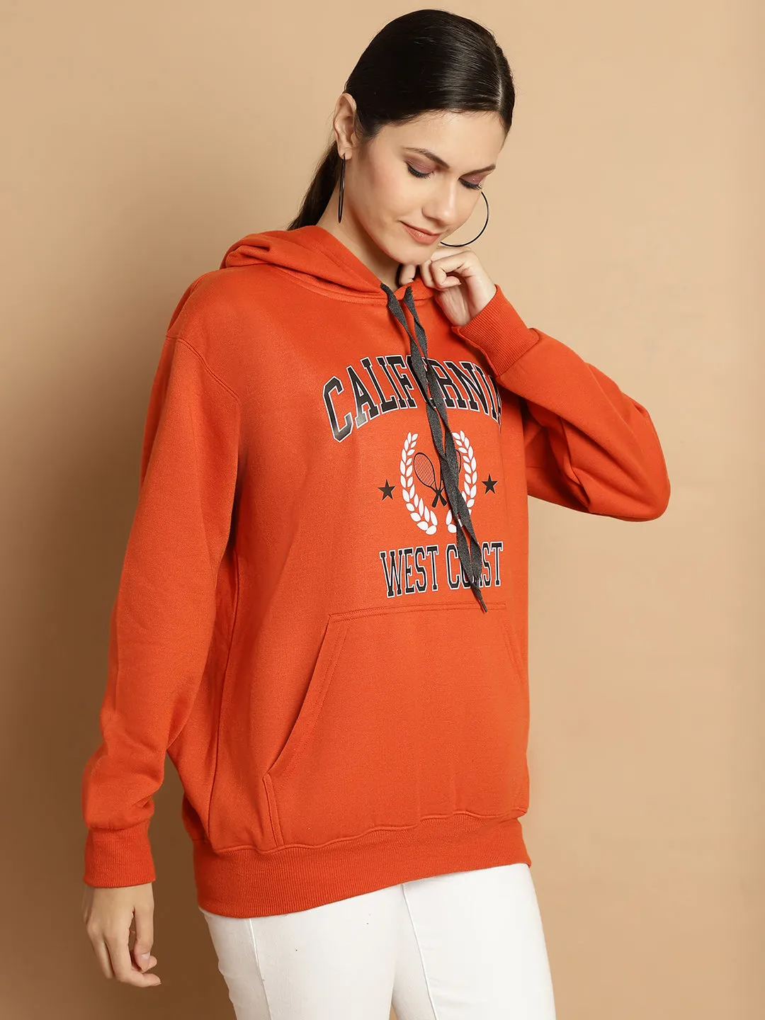 Vimal Jonney Rust Printed Hooded Cotton Fleece Sweatshirt for Women